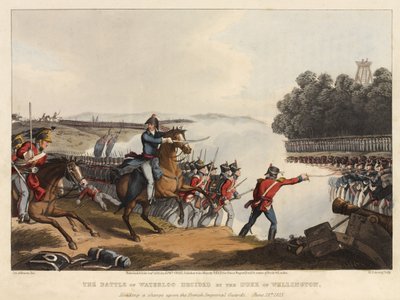 Die Schlacht von Waterloo entschieden durch den Herzog von Wellington, der einen Angriff auf die französischen kaiserlichen Garden anführt, 18. Juni 1815, graviert von M. Dubourg, 1819 von John Augustus Atkinson